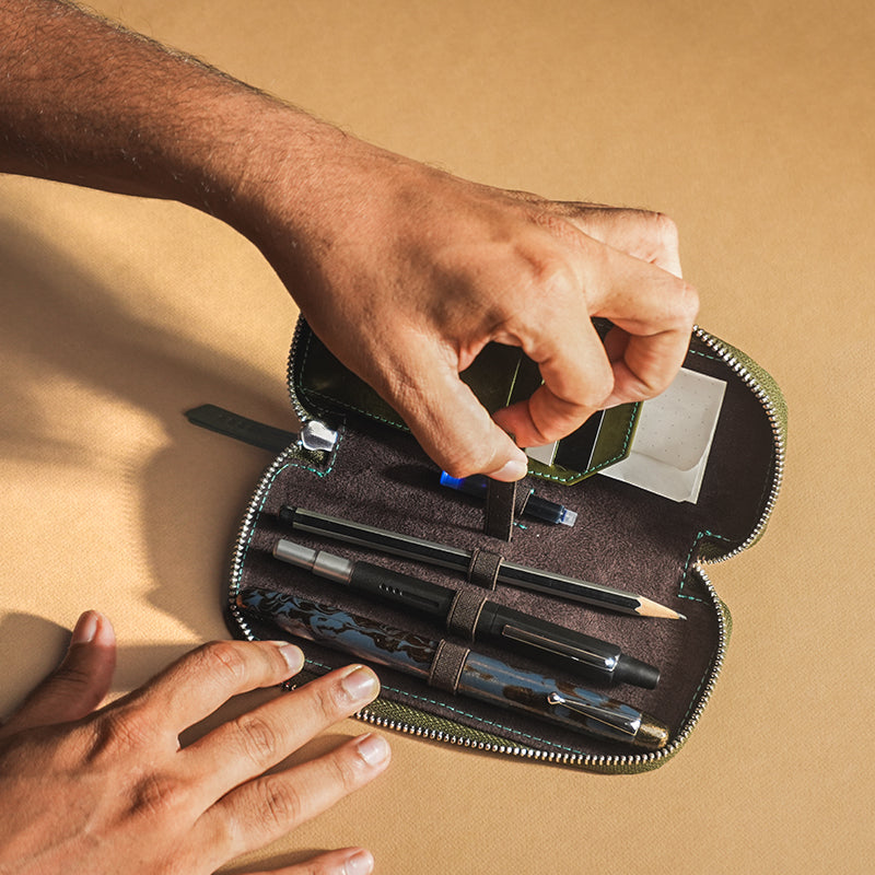 Endless Companion Saffiano Leather Adjustable 3 Pen Pouch - Green