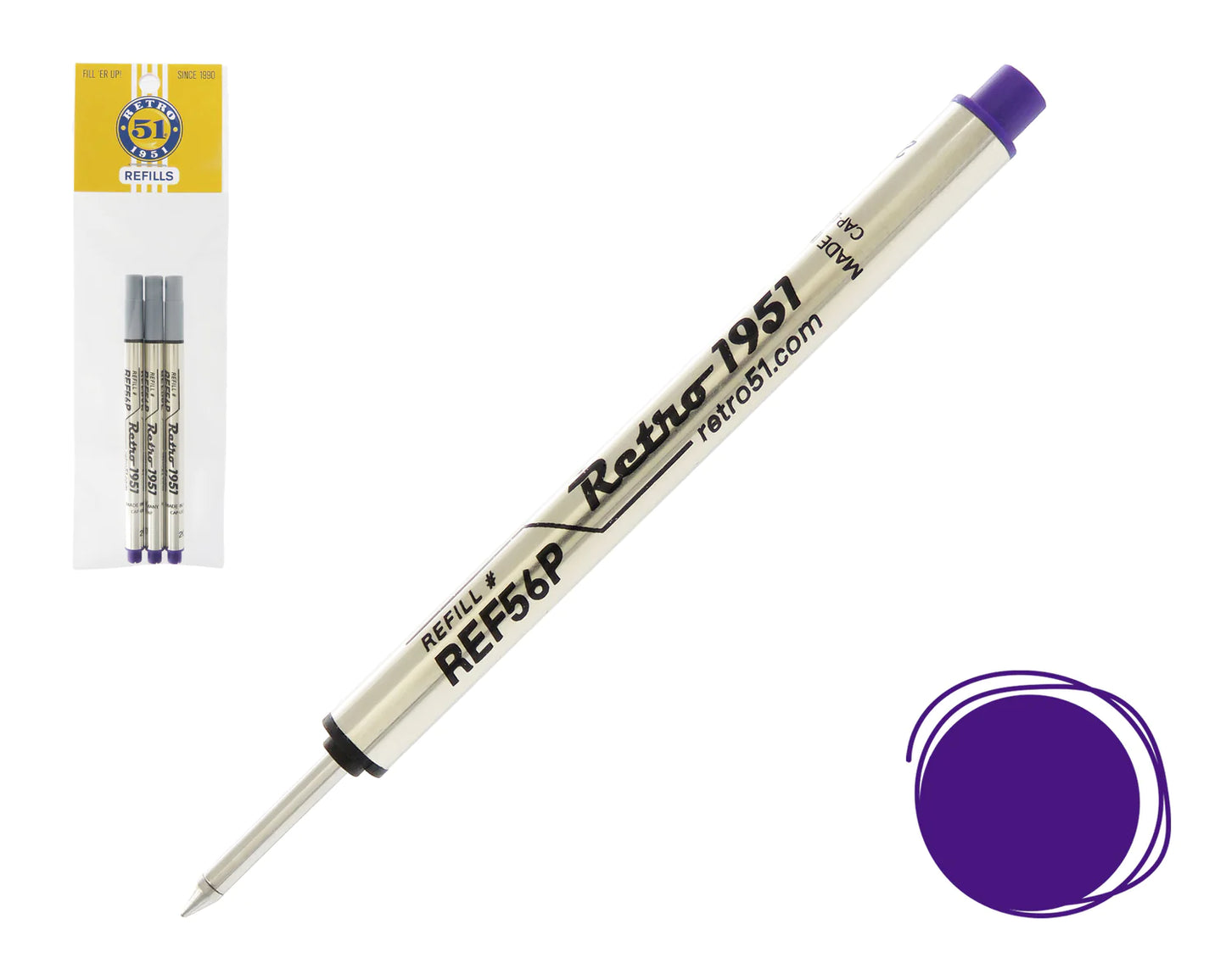 Retro 51 Rollerball Refills - Black, Blue, Green, Red, Purple  or Multi (3 PACK)