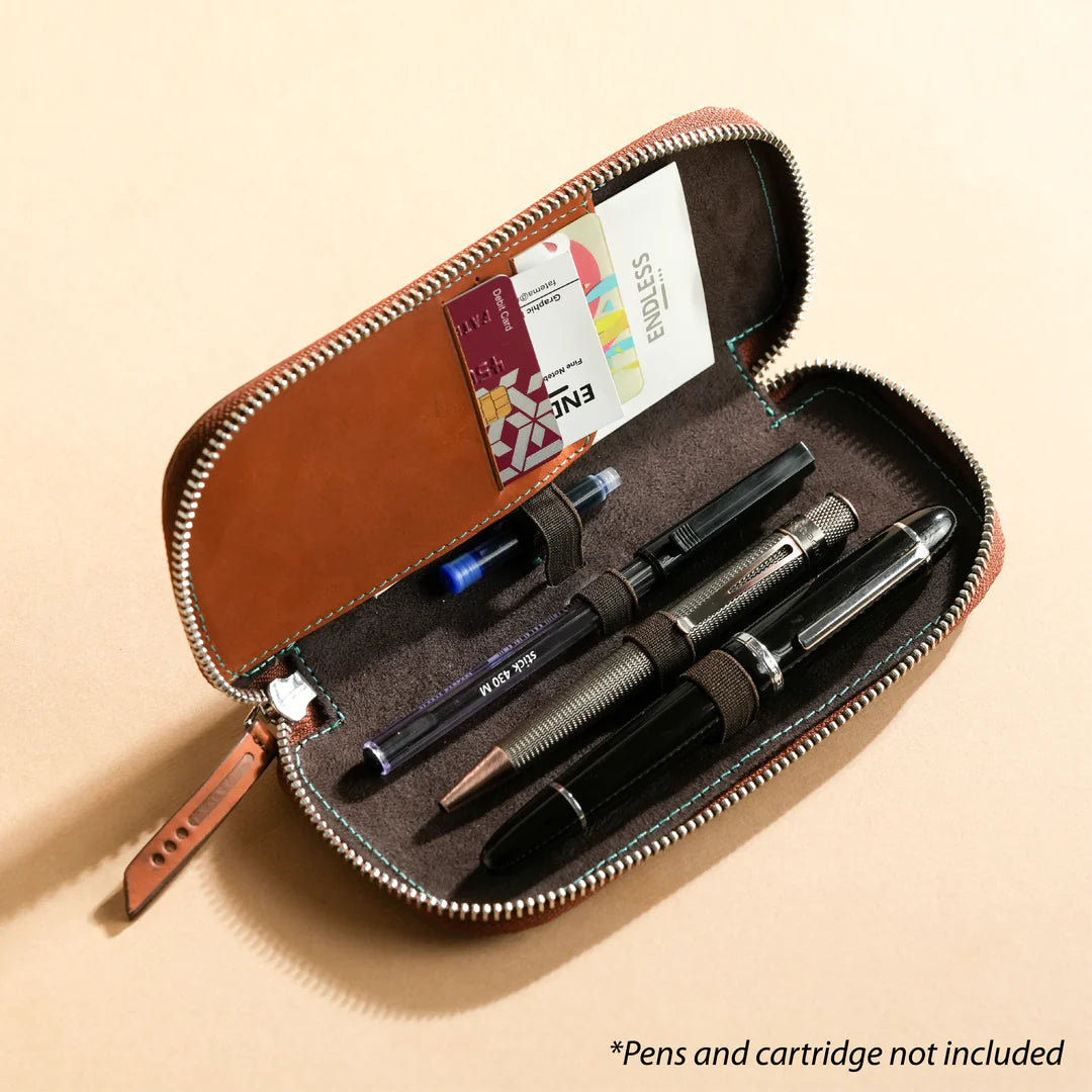 Endless Companion Leather Adjustable 3 Pen Pouch - Brown