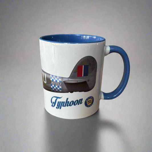 Mug with a car design and 'Typhoon' branding on a gray background