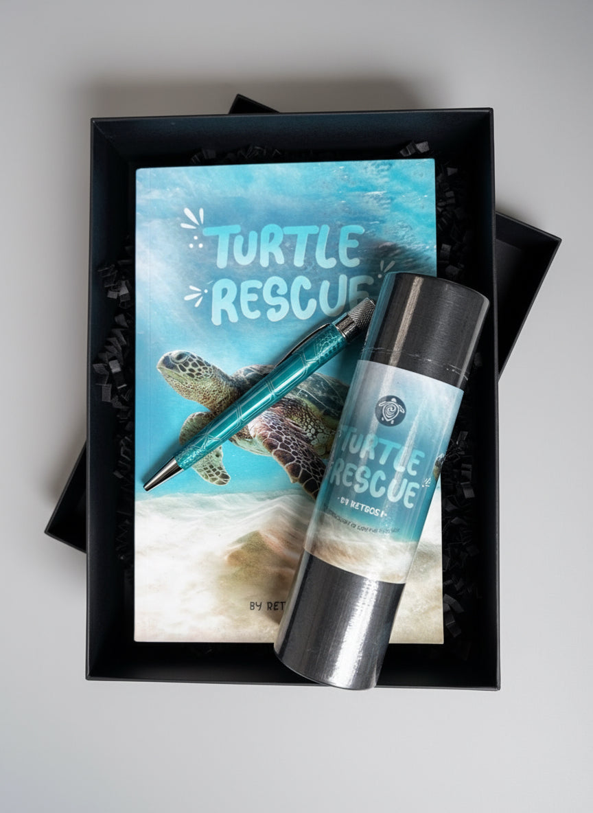 Turtle Rescue product packaging with a pen on a wooden surface